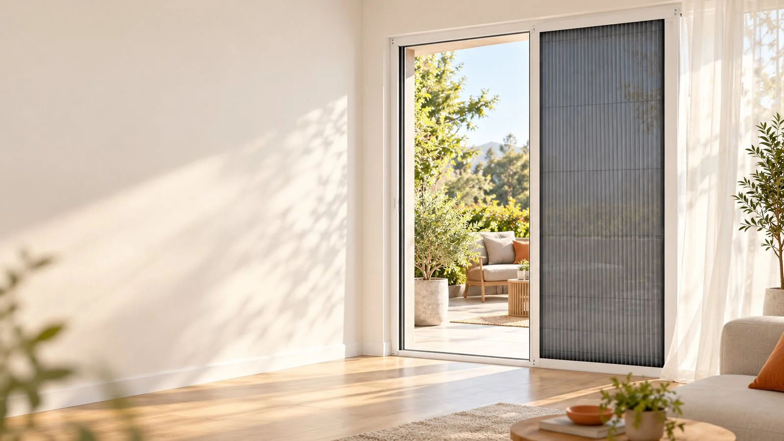 Balkon kapısına takılı beyaz profilli plise sineklik